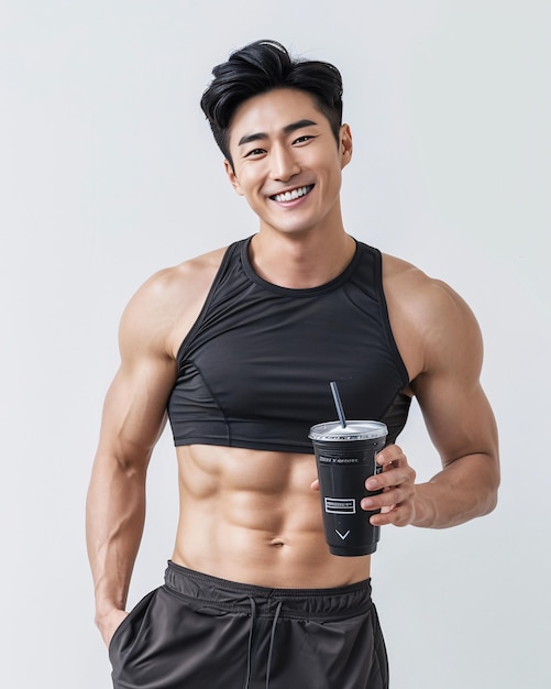 Photo asian athletic man smiling and holding a healthy drink on a studio background