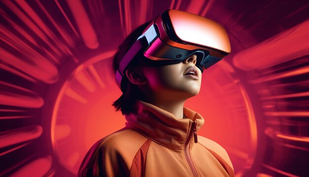 Asian attractive girl wearing a VR headset on neon background