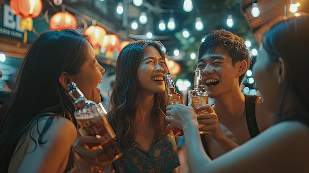 Asian attractive people drinking alcohol with friends and having party Group of tourist traveler travel in city spend time on holiday vacation together dancing and hangout party at night on the road