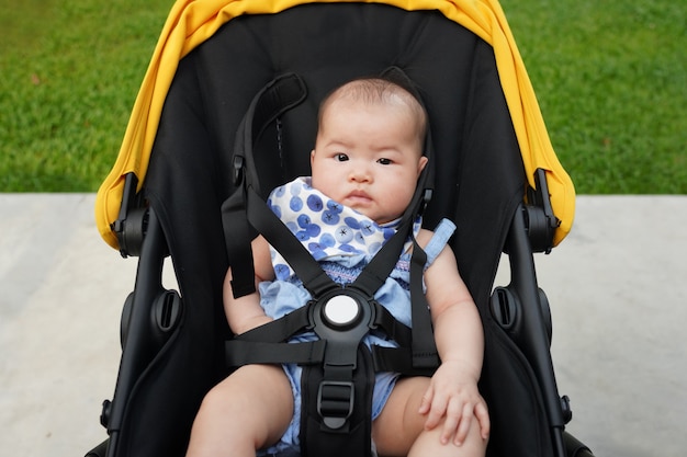 Asian baby inside stroller