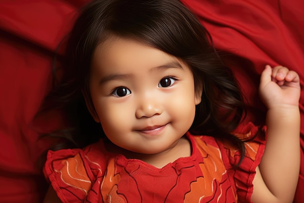 Asian baby lying on a red carpet