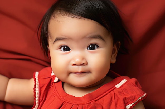 Asian baby lying on a red carpet