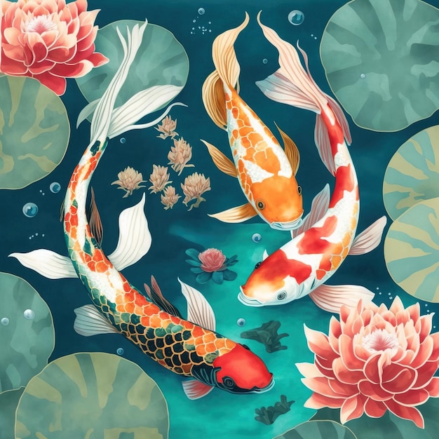 잉어 물고기와 아시아 배경 동양 일본식 추상 패턴 배경 디자인 장식