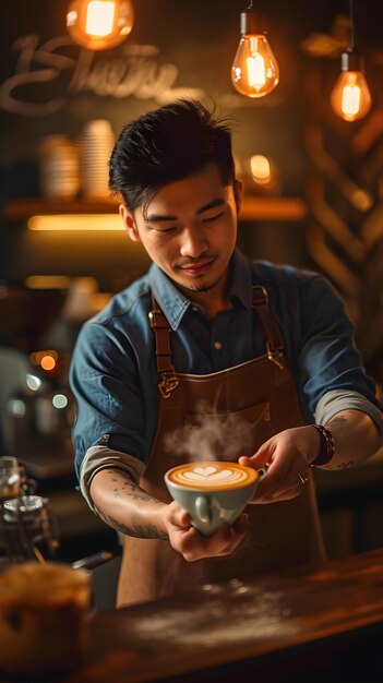 사진 아시아인 바텐더가 빈티지 바에서 커피 라테 아트를 제공했습니다.