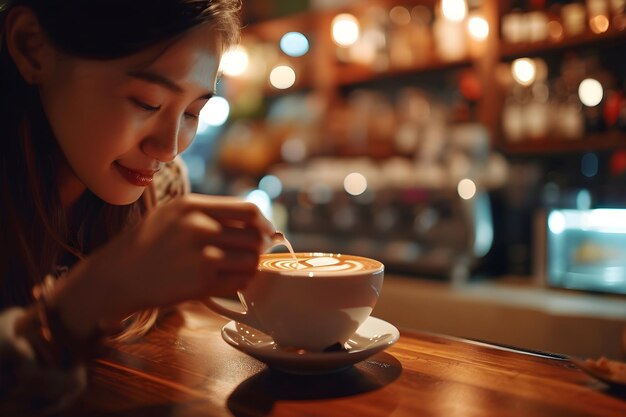 사진 아시아인 바텐더가 빈티지 바에서 커피 라테 아트를 제공했습니다.