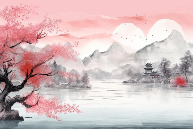 Asian beatiful landscape Watercolor art style wallpaper background