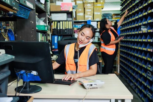 アジアの美しい太った女性倉庫労働者オフィス倉庫工場のデスクトップ コンピューターで電話顧客注文で話しているプラスのサイズの女性作業製品を検査します。