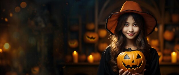 Photo asian beautiful girl holding pumpkin celebrating happy halloween copy space text