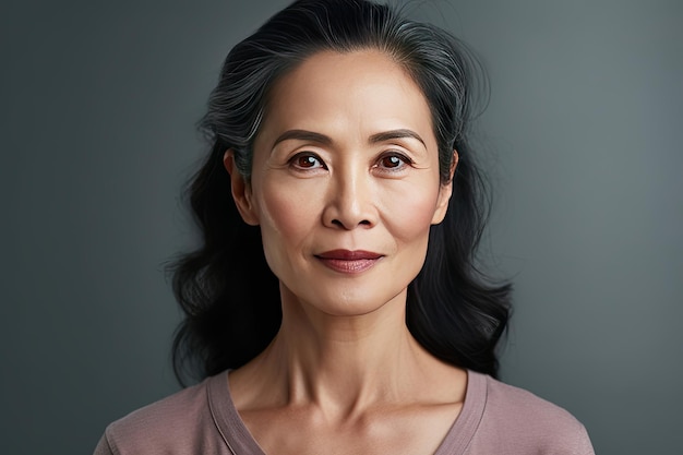 アジアの美しいゴージャスな 50 代中年の成熟した女性が白で隔離カメラを見て成熟した老婦人のクローズ アップの肖像画健康な顔のスキンケア美容ジェネレーティブ Ai