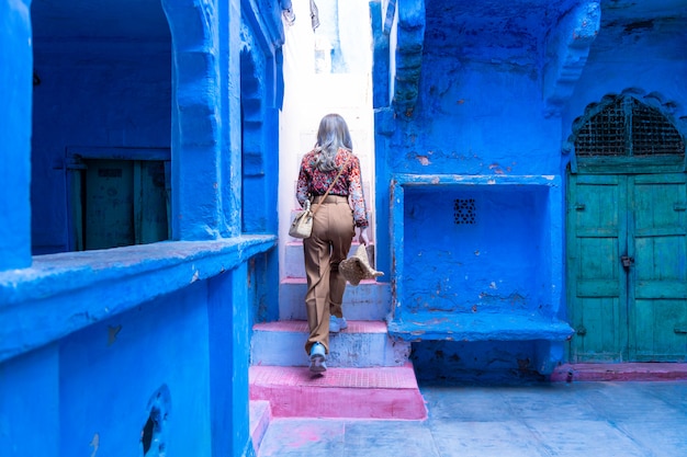 Asian beautiful traveler explore in heart of Jodhpur as know as Blue City, Jodhpur, Rajasthan - India.