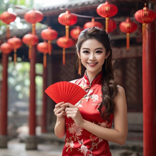 Foto bella donna asiatica che indossa un cheongsam sorridendo e tenendo buste rosse fan pose al santuario