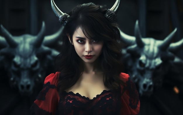 Photo asian beautiful young devil woman with devils generative ai