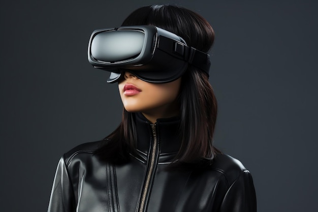 Asian Beautiful young female Wearing Virtual reality headset with clear background