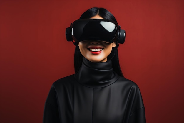 Asian Beautiful young female Wearing Virtual reality headset with clear background