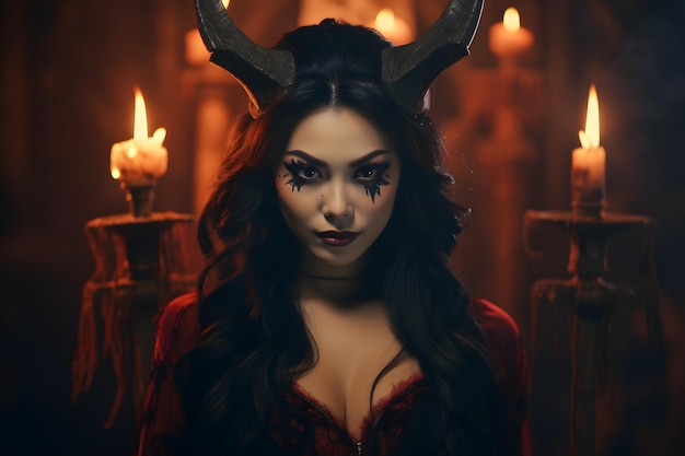 Красивая азиатская молодая женщина с рогами дьявола в костюме Хэллоуина на фоне дома с привидениями