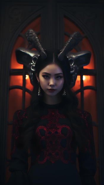 asian beautiful young woman with devils horns wearing halloween costume haunted house background