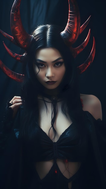 asian beautiful young woman with devils horns wearing halloween costume haunted house background