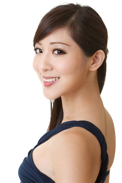 Asian beauty, closeup portrait on white background.