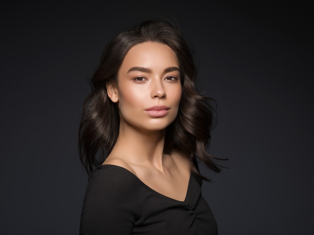 Asian beauty female black background curly black hair natural make up. Studio shot.