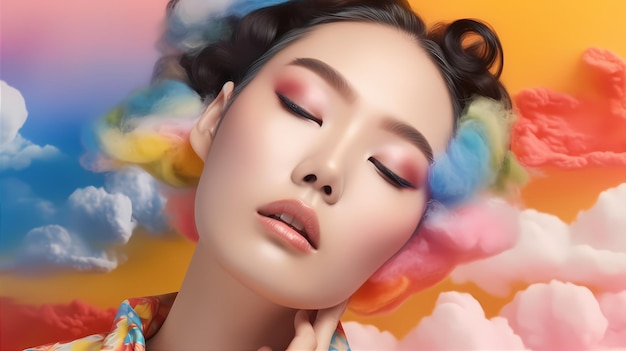 Asian beauty with makeup butterfly brushes and candy