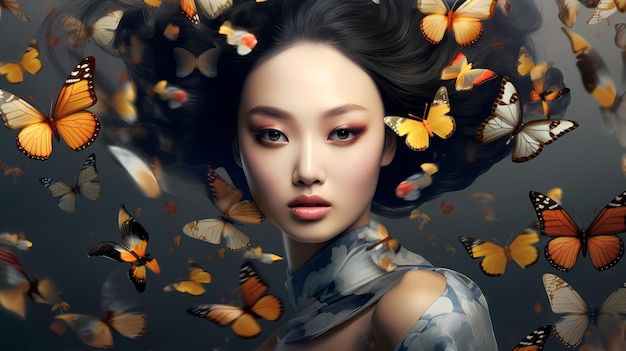 Photo asian beauty with makeup butterfly brushes and candy