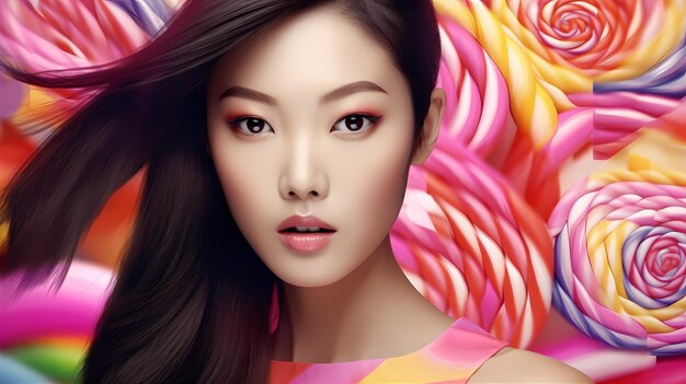 Asian beauty with makeup butterfly brushes and candy