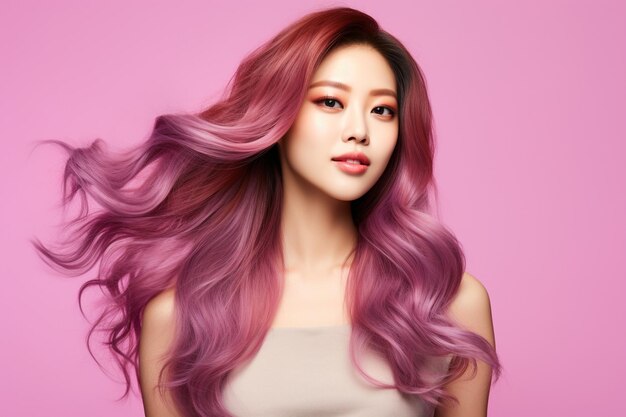 Азиатская красавица модель цвета волос с корейским макияжем на лице на изолированном розовом фоне