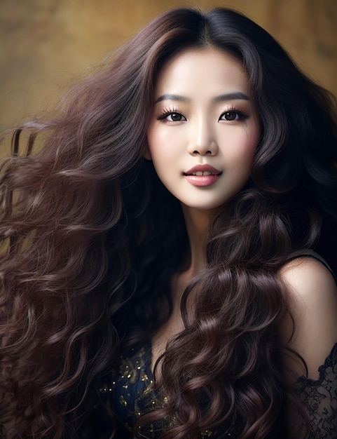 긴 곱슬머리 생성 인공 지능을 가진 아시아 미녀