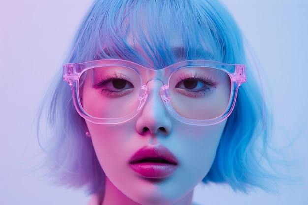 Asian blue haired fashion model in glasses