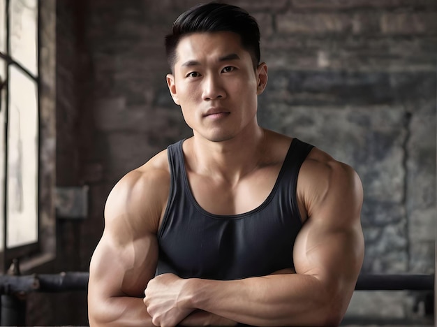 Asian Bodybuilder with Tank Top Muscle Portrait Looking at Camera in A Building