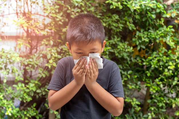 Asian boy blow his nose into with tissue, Flu season, Hay fever.