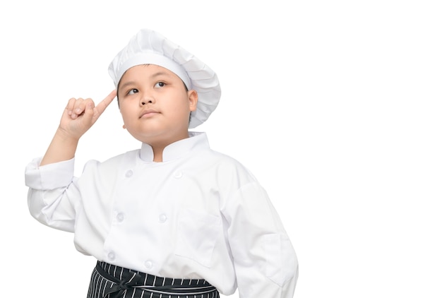 asian boy chef thinking isolated on white