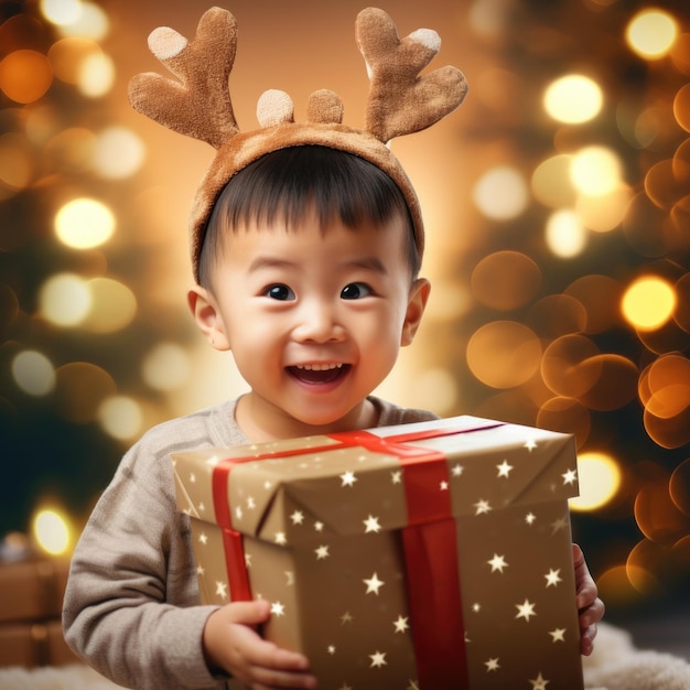 Asian boy in Christmas deer antlers with a gift in his hands against a shiny bokeh background New Year's and Christma