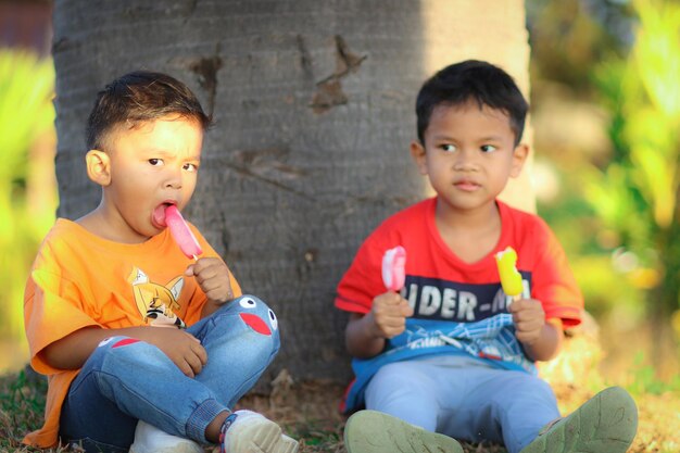 アジアの少年はアイスクリームを食べます。