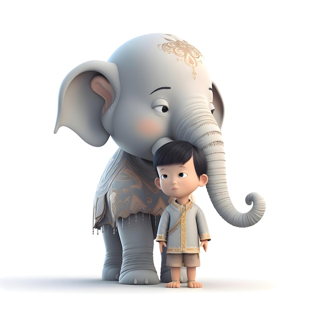 Asian boy and elephant on a white background 3D rendering