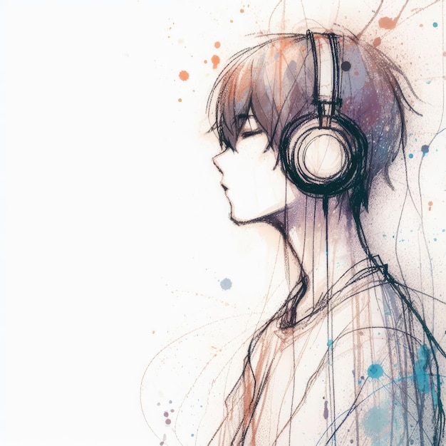 Asian boy enjoying music wearing headphone illustration with Generative AI