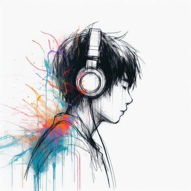 음악을 즐기는 아시아 소년이 헤드폰을 착용하는 Generative AI의 일러스트레이션