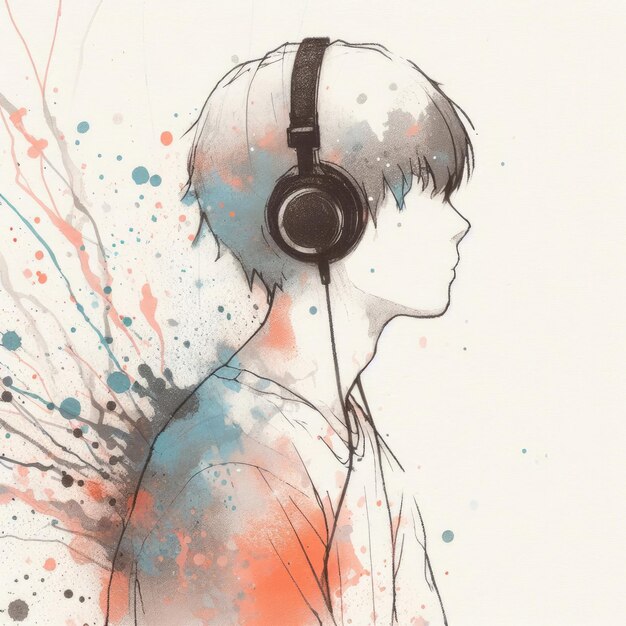 Asian boy enjoying music wearing headphone illustration with Generative AI