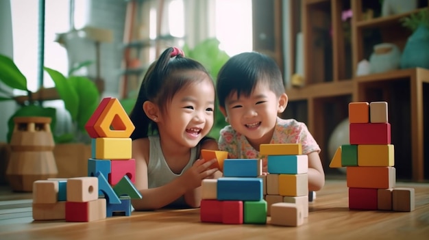 아시아 소년 소녀가 즐겁게 다채로운 나무 블록 장난감을 가지고 놀고 있습니다. Generative AI