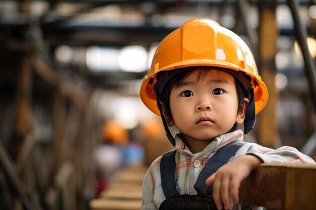 Photo a asian boy in a helmet of a working engineer on the background of construction construction site