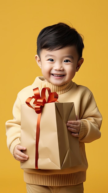 Asian boy holding a christmas giftbox