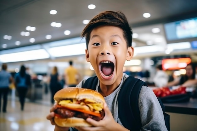 写真 アジアの男の子が豚肉のサンドイッチを握って食べている