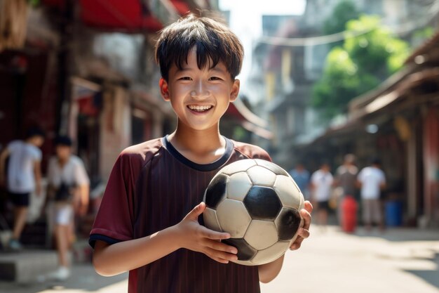 아시아 소년은 아시아 거리 배경에 머물며 축구공을 들고 있습니다.