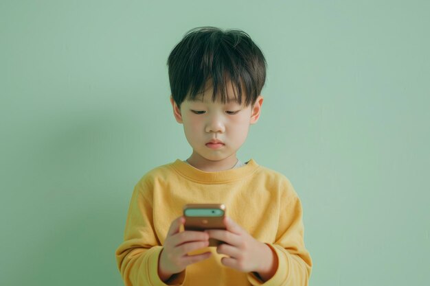 写真 緑の背景のスマートフォンを見ているアジア人の少年