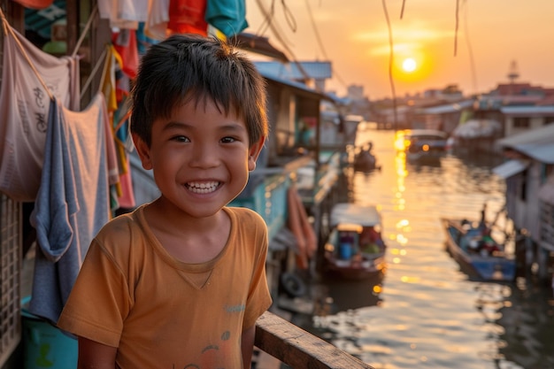 タイのどこかでカメラを見ているアジア人の少年