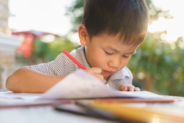 Asian boy painting homework picture