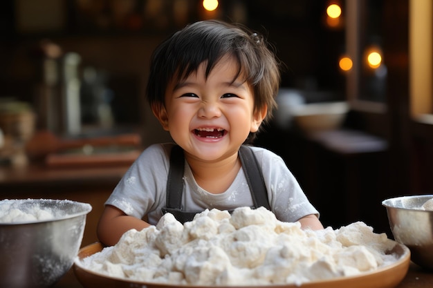 Asian boy playing with dough in the kitchen