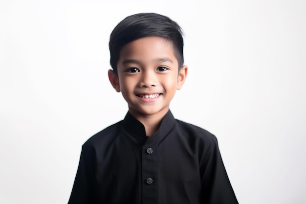 Asian boy smiling wear black outfit in a white background