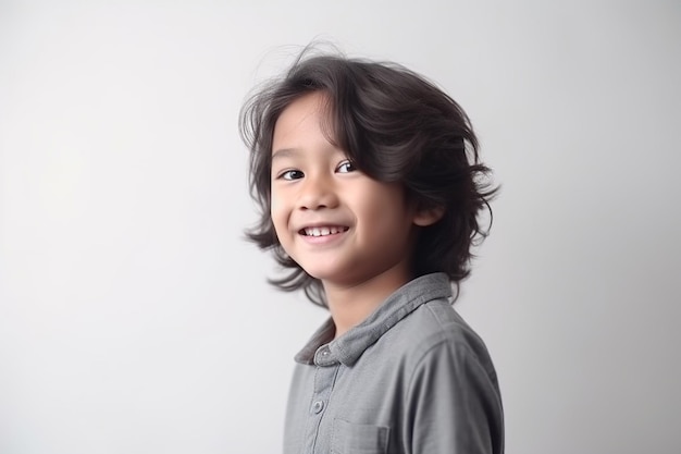 Азиатский мальчик улыбается в сером наряде на белом фоне