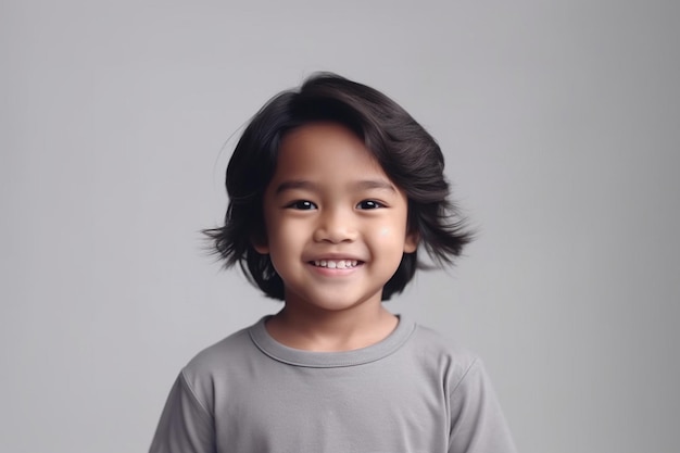 Asian boy smiling wear grey outfit in a white background